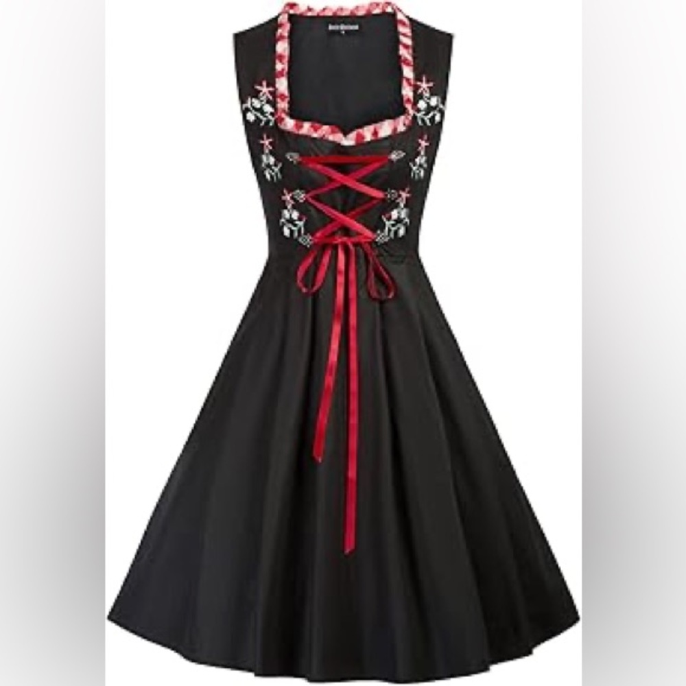 Black Midi Dress with Red Trim and Front Lace-Up